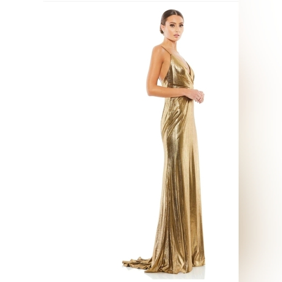 Ieena Mac Duggal, Metallic Faux Wrap Spaghetti Strap Gown, Bronze, Size 10, NWOT - Picture 3 of 11